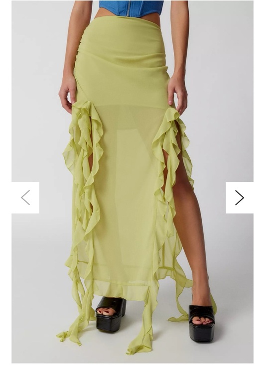 Lioness Dresses & Skirts - Lioness Lime Chiffon Maxi Skirt with Asymmetrical Hem, Ruching, and Ruffles